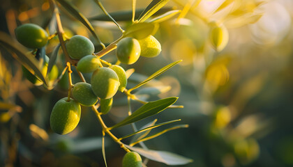 Green ripe olives on the branch tree in olive garden