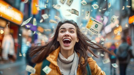Obraz premium A_young_woman_standing_in_the_middle_of_a_busy_street_her_money_is_flying_in_the_air