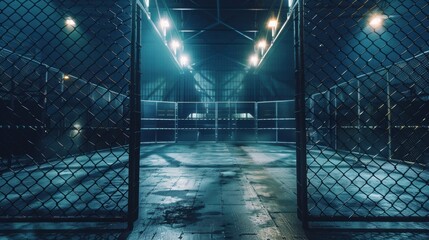 Nighttime view of an empty chain link fence enclosed basketball court