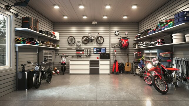 Well-organized garage with motorcycles, bikes, and storage shelves