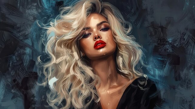 glamorous blonde bombshell with voluminous curls and smoldering makeup high fashion portrait digital painting