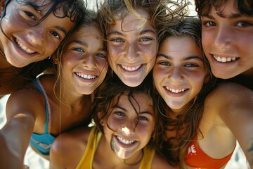 Fototapeta premium A group of four teenagers smiles for a close-up selfie on the beach