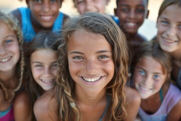 Fototapeta premium A group of children of various ethnicities stand together outdoors, smiling happily for the camera