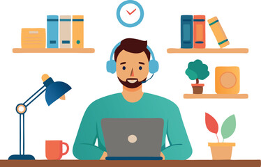 Fototapeta premium Illustration of man working from home with laptop and headset in comfortable office space
