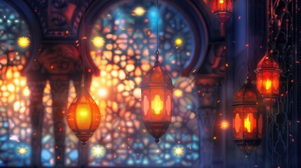 glowing ramadan lanterns hanging in front of intricate mosque window islamic holy month