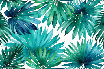 Obraz premium Green tropical monstera and palm leaves on white background. Watercolor illustration of plants. Green jungle leaf painting for banner, poster, greeting card. Minimal floral backdrop