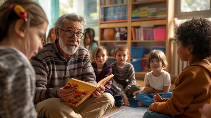 Elderly man reading a storybook to a group of attentive children in a cozy classroom setting, kids sitting in a circle around him, bright daylight streaming through windows, bookshelves