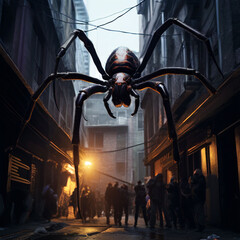a large menacing spider climbing up the side of a building in a city alley with onlookers viewing from the end of the alley