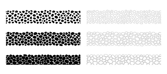 Stones seamless borders vector set. Black and white paving seamless patterns. Smooth pebble template background. Doodle cobblestones and cute rounded outlines shapes for interior and science design