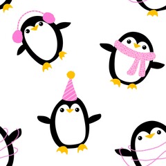 Cartoon festive animals seamless birthday decor and penguin pattern