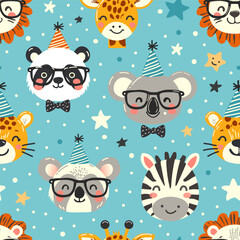 Vector seamless pattern for kids. Cute animals in birthday hats and glasses. Funny cartoon characters on pattern for birthday wrapping paper, decor and fabric.