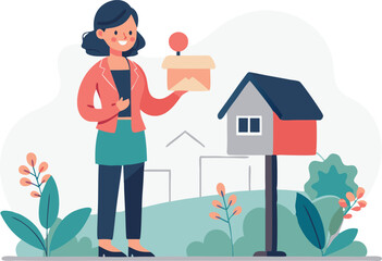 Woman collecting package from mailbox in residential area with plants and houses in the background