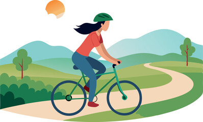 Woman riding a bicycle on a scenic path surrounded by nature under the sun