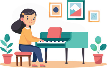 Young girl playing piano in a cozy room with framed artwork and plants