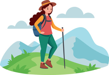 Illustration of a woman hiking in the mountains with a backpack and walking stick
