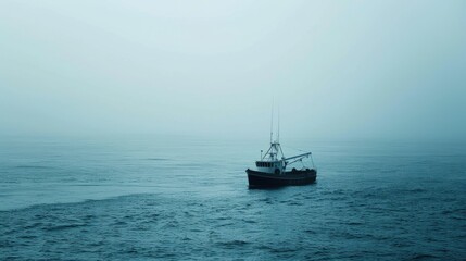 Obraz premium A single fishing boat navigates through dense fog on a calm ocean