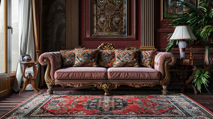A beautiful sofa set up adorned with exquisite carpets.