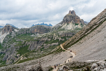 Hiking in the magnificent dolomites in the italian alps