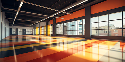 Modern interior featuring vibrant orange and yellow accents, with striped flooring and large windows.