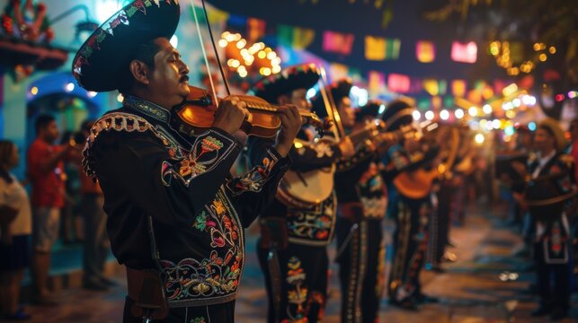 A mariachi band performs at night in a festive street setting
