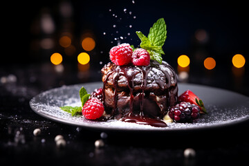 Rich chocolate cake with berries and mint, dusted with powdered sugar, a decadent treat.