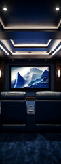 Luxurious home theater with plush seating, large screen, and ambient lighting creates immersive viewing experience.
