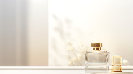 Elegant fragrance bottle sits on a reflective surface, bathed in soft, diffused light.