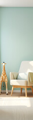 Serene room with a light blue wall, a cozy armchair, and playful wooden giraffe figures.