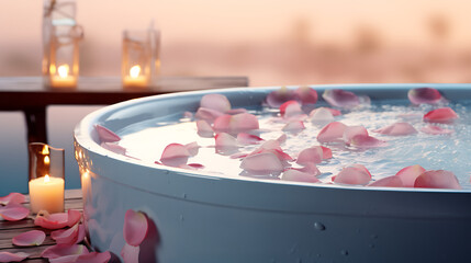Tranquil hot tub surrounded by rose petals, candles, creating a serene, romantic, and peaceful atmosphere.