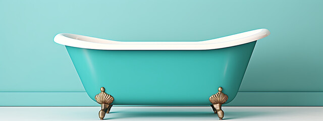 Elegant teal bathtub with ornate gold feet sits against a solid, calming wall.