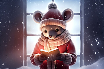 A charming mouse in a red winter hat reads a book by a snowy window.