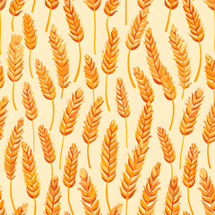 Yellow wheat ears on beige background. Autumn or summer seamless pattern with golden barley harvest. Happy Shavuot concept. Jewish holiday. Design for print paper, textile, fabric, wallpaper