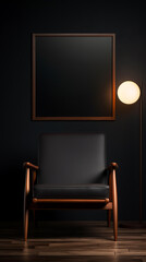 Fototapeta premium Dark room, framed black canvas, wooden chair. Modern interior. 