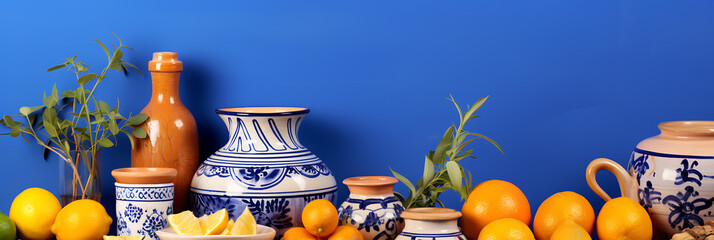 Citrus fruit and pottery; still life.