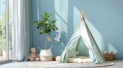 Light blue room with play tent and plush teddy bear