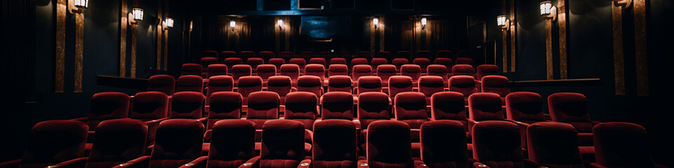 Empty movie theater, rows of red seats.
