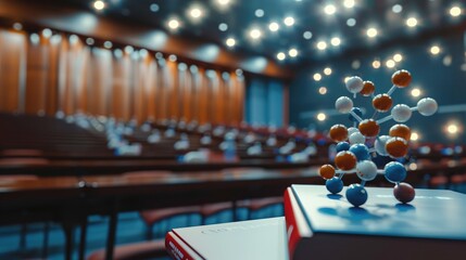 Education concept displayed in auditorium with books and molecular model