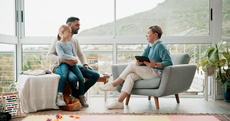 Father, child and psychologist with tablet in office for psychology consultation, therapy session...