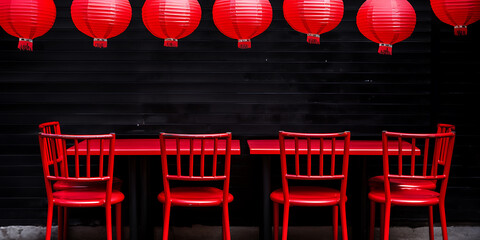 Red chairs around a table, festive lanterns.