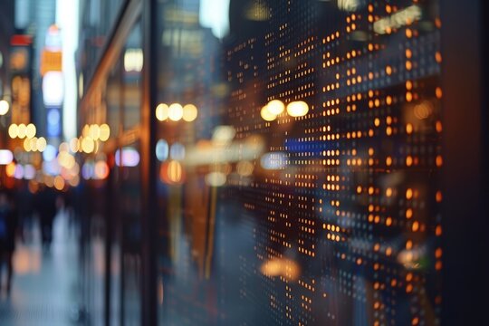 Display of Stock market quotes with city scene reflect on glass