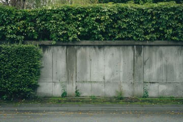 Concrete block wall and hedge with sidewalk and street.