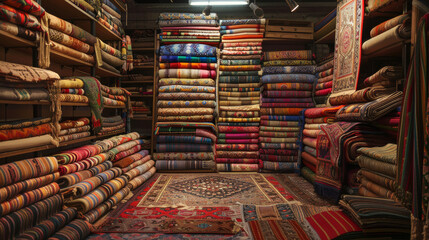 A wide selection of colorful carpets available for sale in the store.