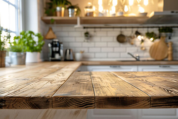 Rustic wooden kitchen countertop, warm tones.

