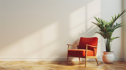 Red armchair in sunlit room, minimalist style.
