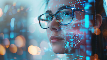 Woman with glasses, digital overlay, focused on futuristic data.

