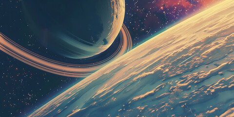Vast planets and rings in space. Cosmic view.