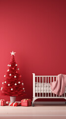 Red Christmas tree, white crib, festive room.

