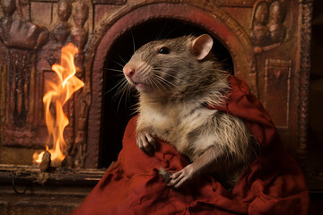 Rat draped in red, by a fire, regal pose.
