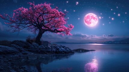 Serene Moonlit Landscape: Pink Tree on Water’s Edge