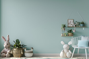 A child's room, light teal walls, white furniture, and stuffed animals.
